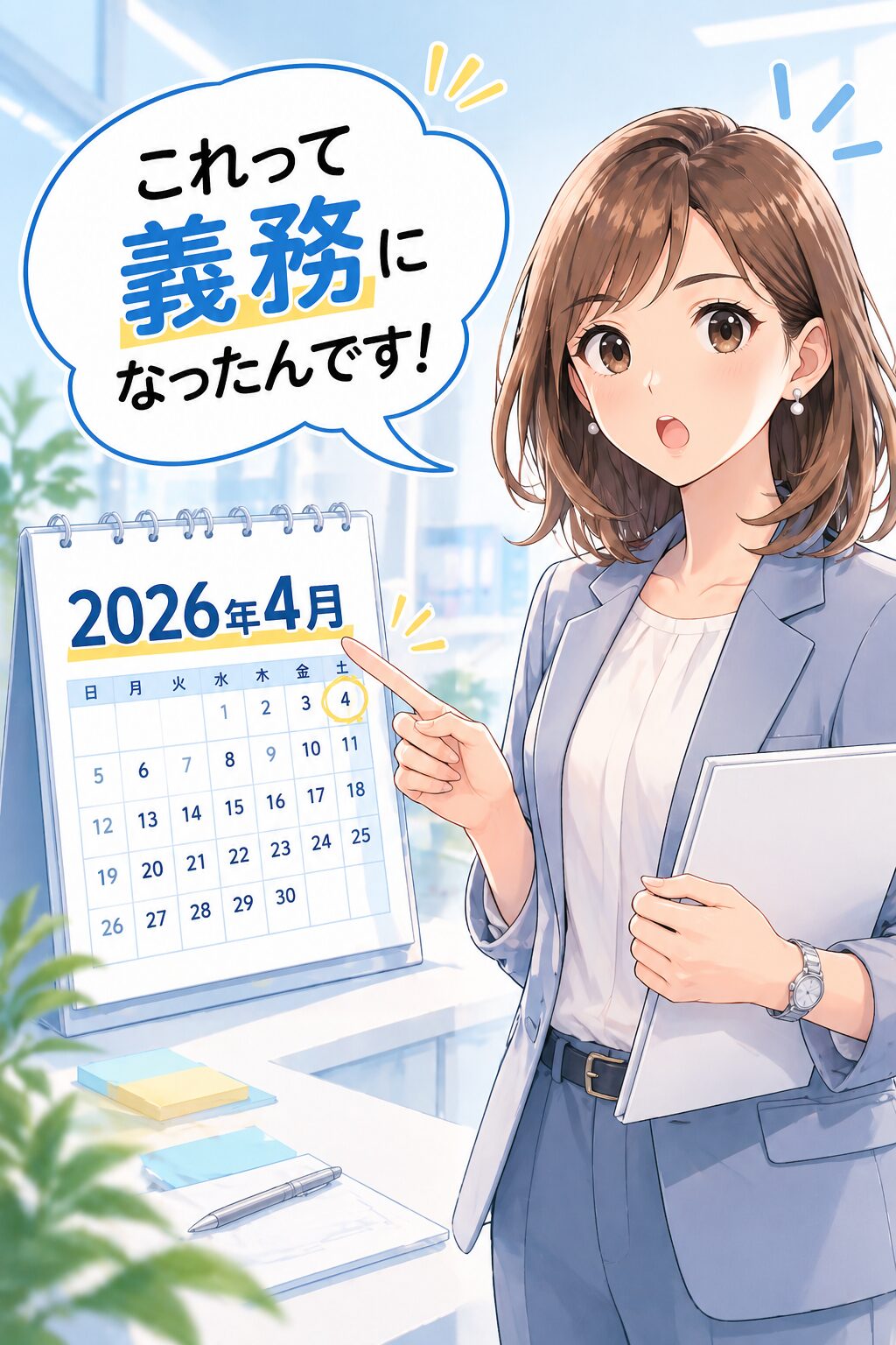 2026年4月から義務化を説明するスーツ女性のイラスト