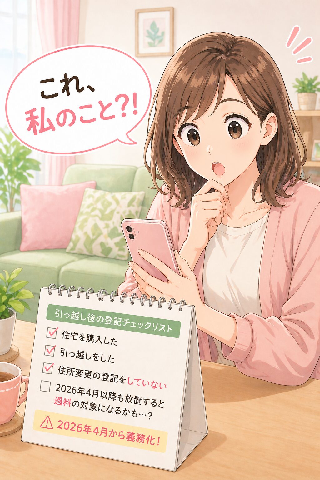 登記チェックリストを確認して驚く女性のイラスト