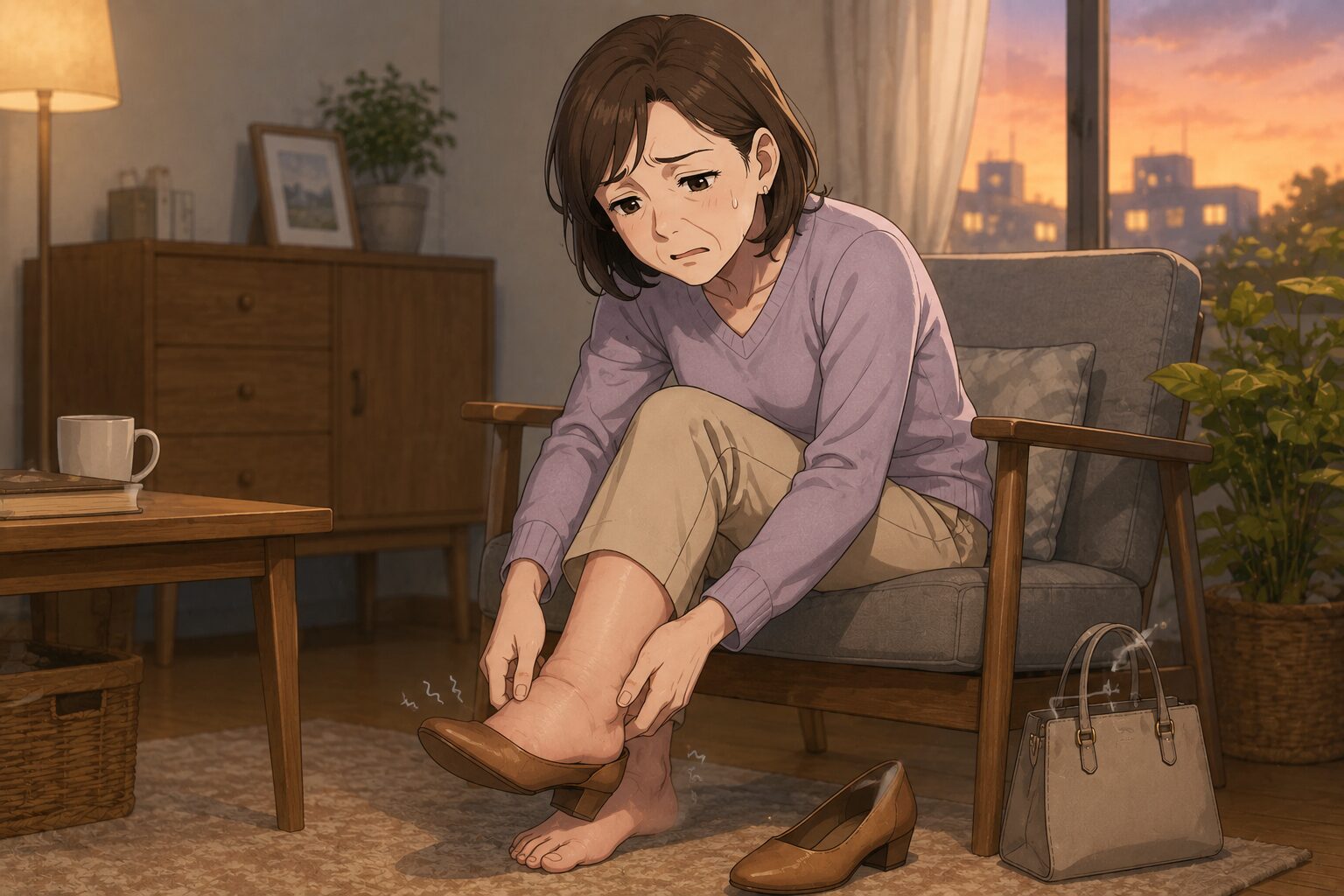 足のむくみで靴が脱げない50代女性のイラスト