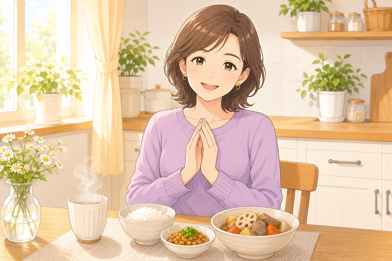 腸活の朝食を前にいただきますをする女性のイラスト
