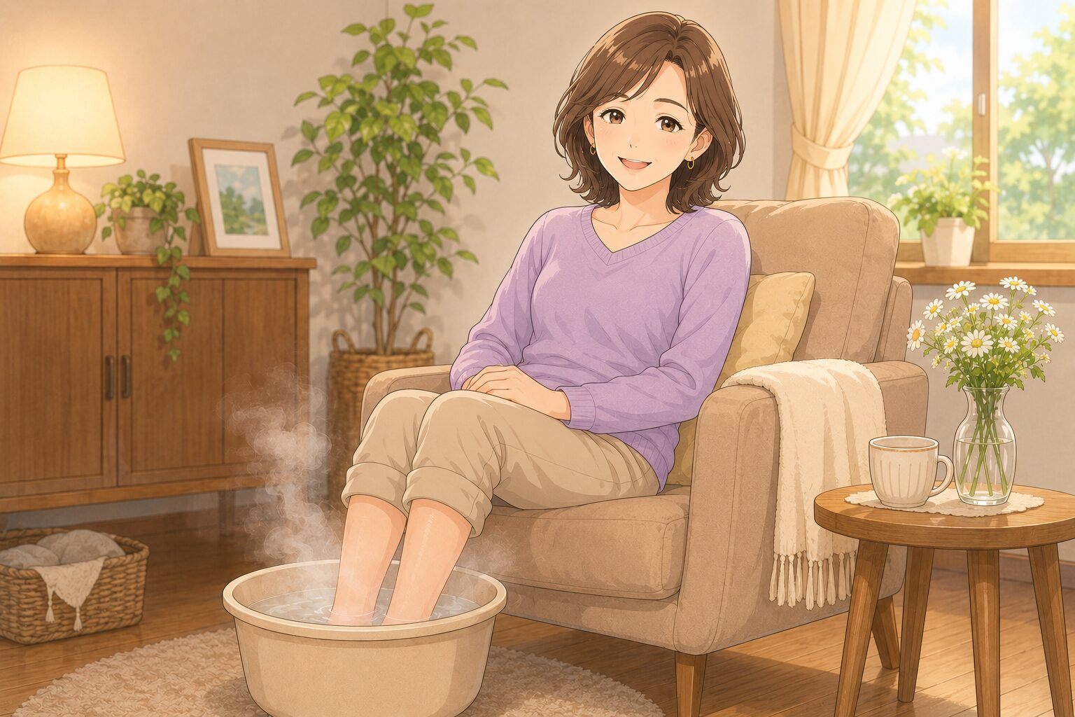 足浴でリラックスする女性のイラスト