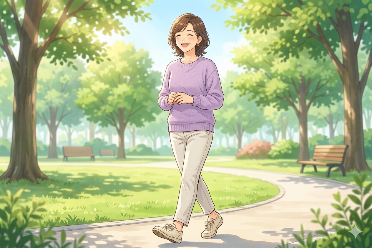 公園をウォーキングする元気な女性のイラスト