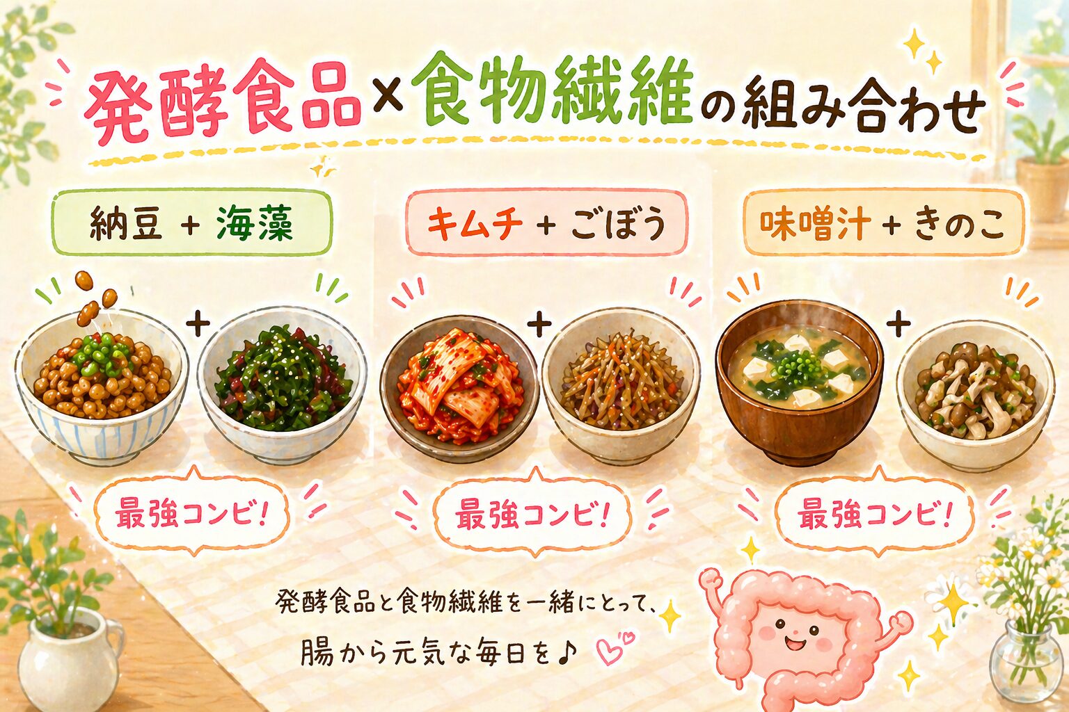発酵食品×食物繊維の最強コンビの組み合わせイラスト（納豆+海藻、キムチ+ごぼう、味噌汁+きのこ）