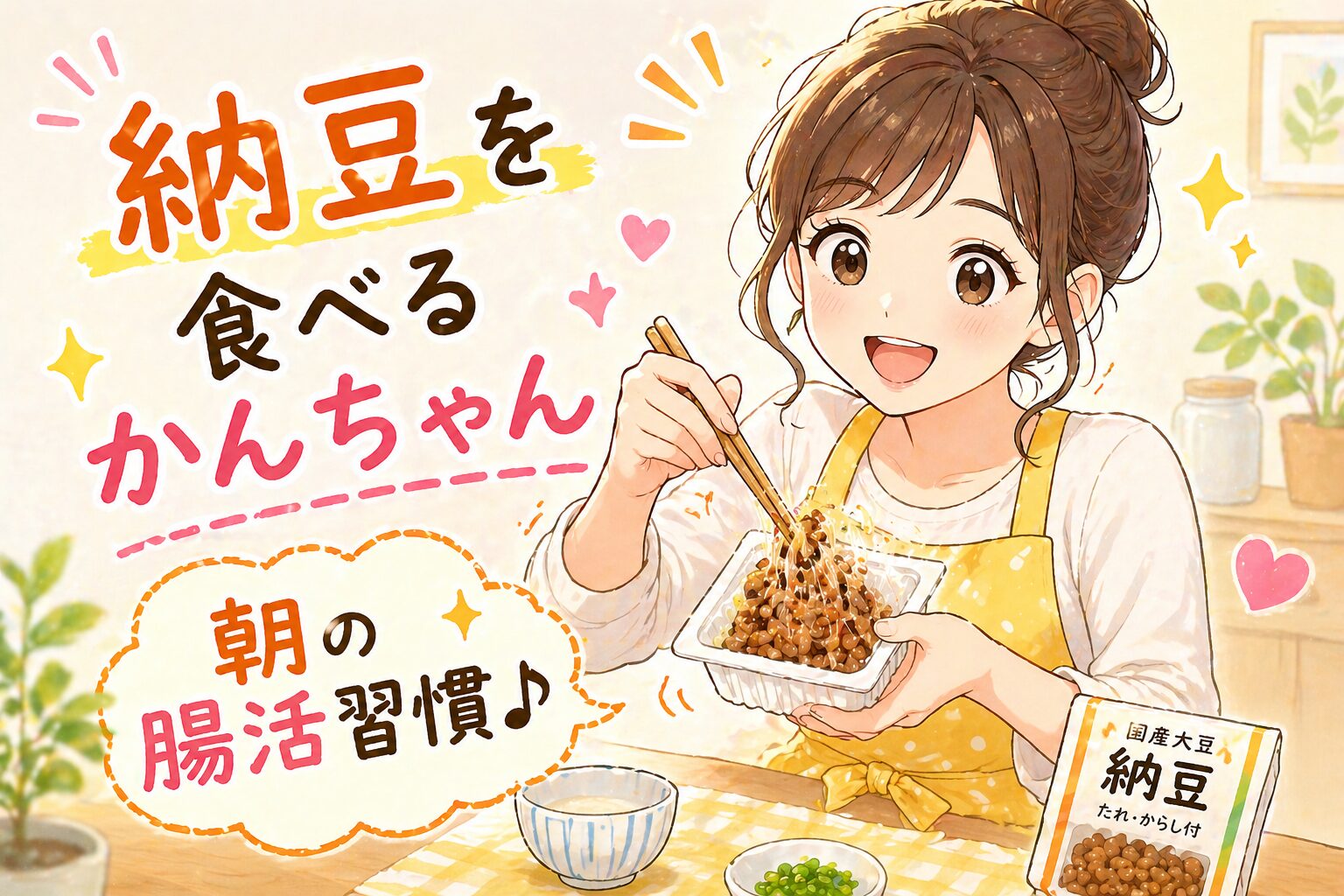 朝の腸活習慣として納豆を食べるかんちゃんのイラスト