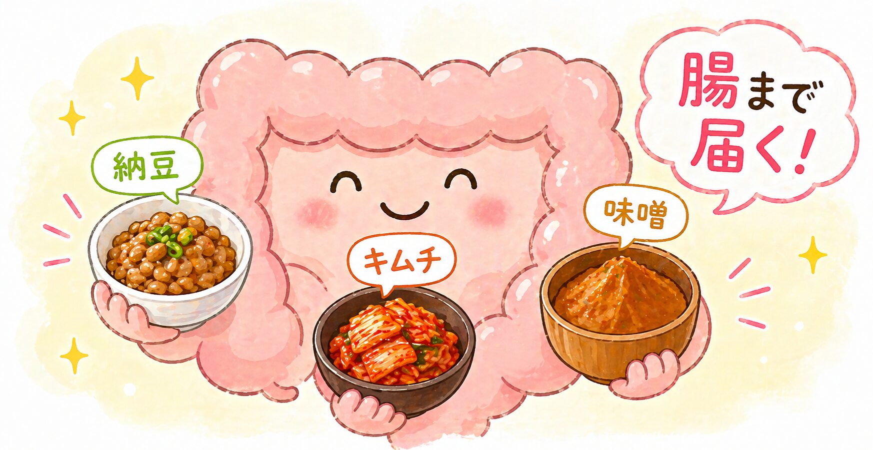 腸のキャラクターが納豆・キムチ・味噌を持って「腸まで届く！」と笑顔のイラスト